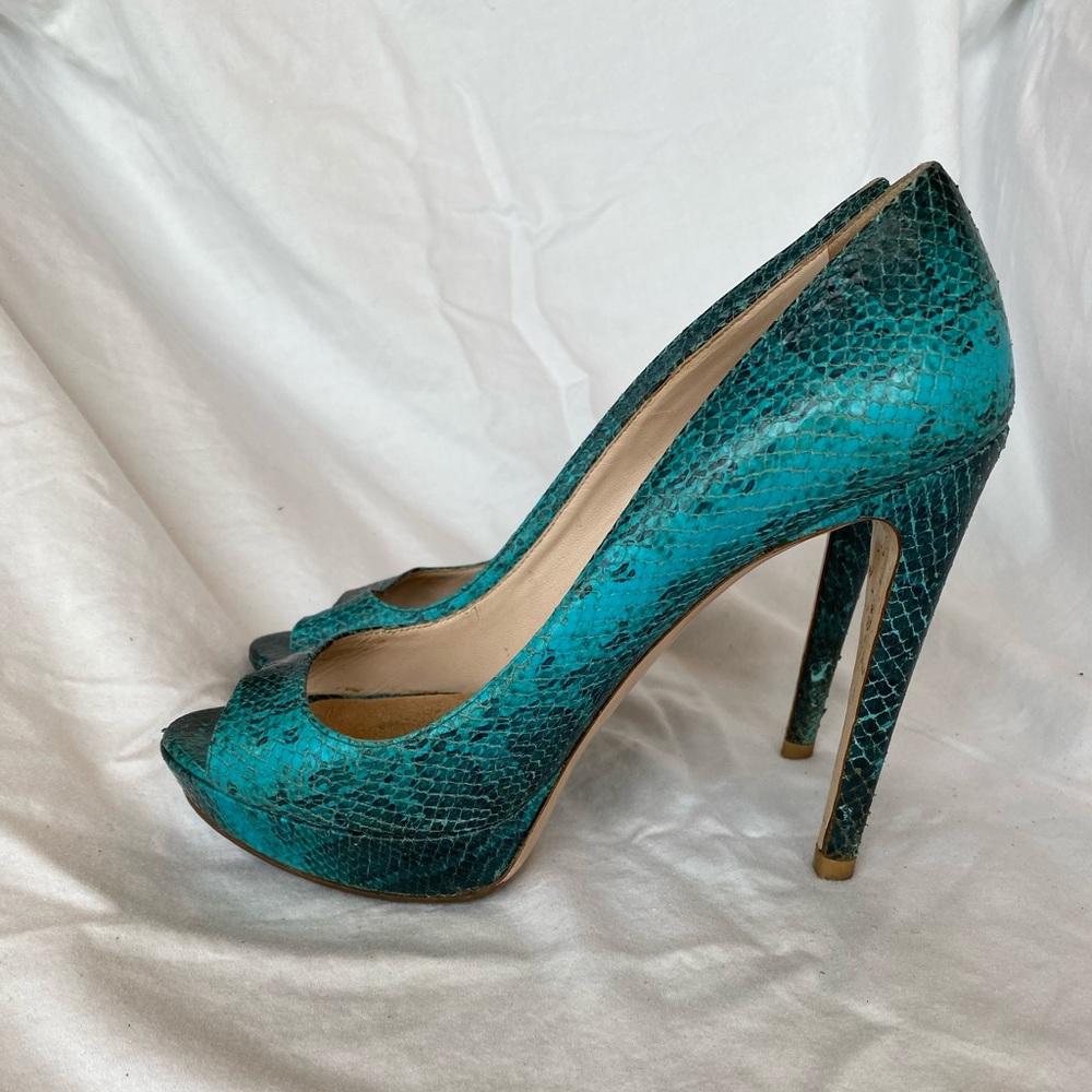 Miu Miu blue snakeskin peep toes